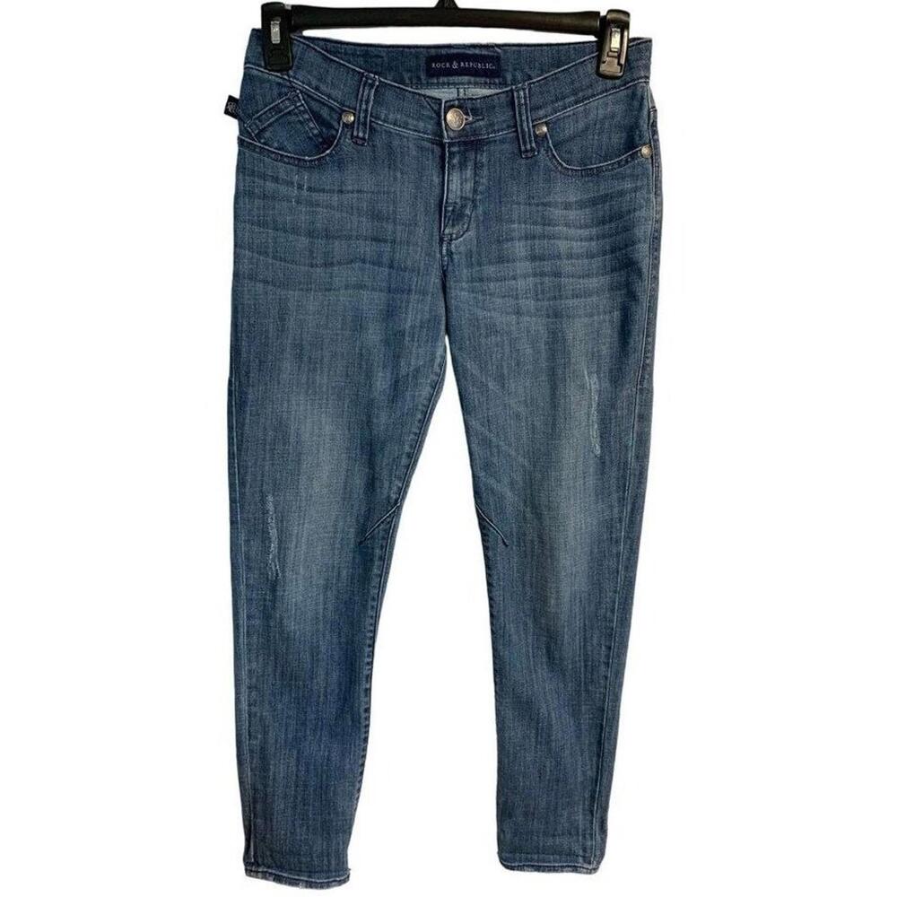 Rock & Republic Women's Jeans Low Rise Distressed‎ Skinny Blue Denim Knee 2